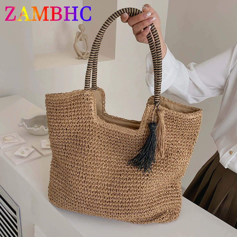 Summer Style Women's Big Straw Tassel Side Bag Designer Luxury Shoulder Bags for Women 2022 Large Capcaity Ladies Beach Tote Sac