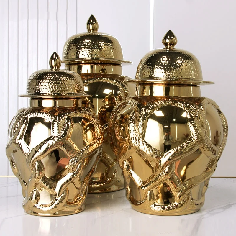 Ceramic Checkmate Jar Porcelain Craftwork Ginger Jar Flower Vase Gold Cross Cord Ceramic Storage Tank Home Decoration 5