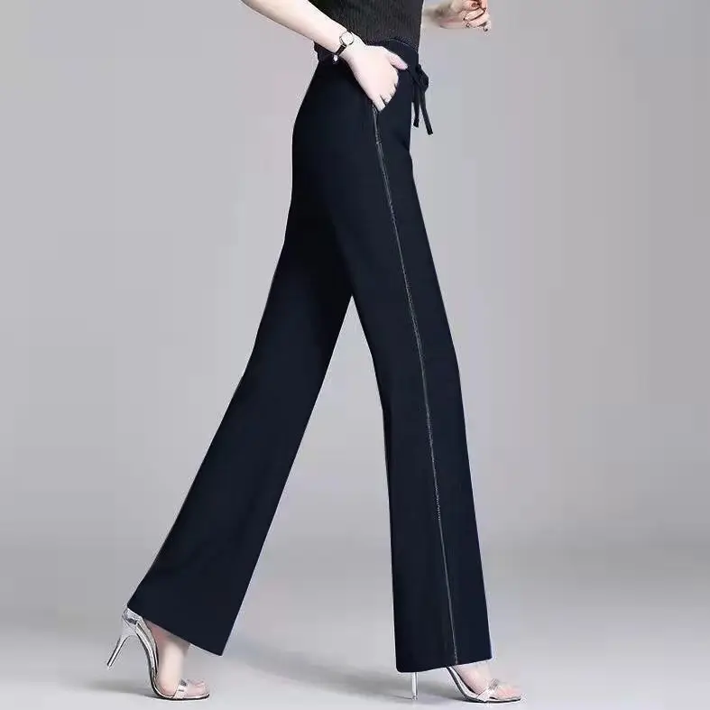 Ice Silk Solid Color Pockets Denim Wide Leg Pants for Women Summer Drawstring High Waist Drape Loose Straight Cropped Trousers