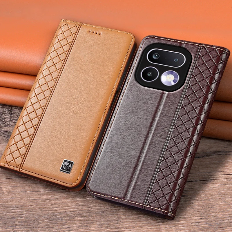 Genuine Leather Flip Case with Magnetic Closure and Card Pocket - Cowhide Grid Pattern Wallet Cover