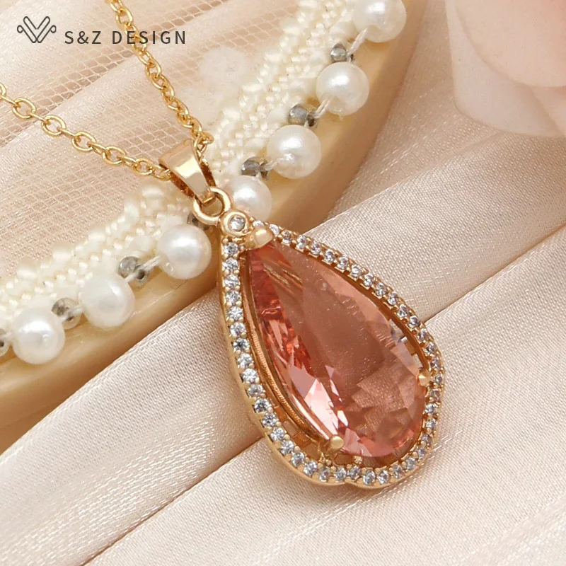 S&Z DESIGN New Fashion Elegant Champagne Cubic Zirconia Pendant Necklace For Women Wedding Party Jewelry Trendy Fine Gift