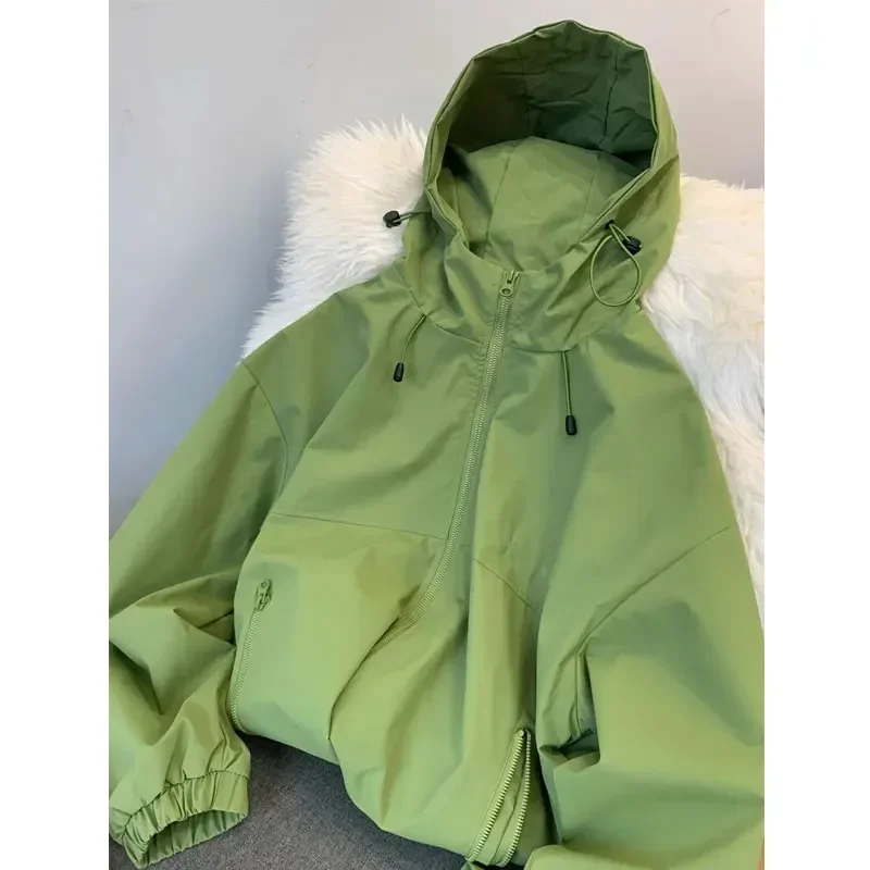 

Japanese Fashion Green Windbreaker Jacket Women Oversize Korean Streetwear Hooded Zip-up Outdoor Jackets Autumn Winter