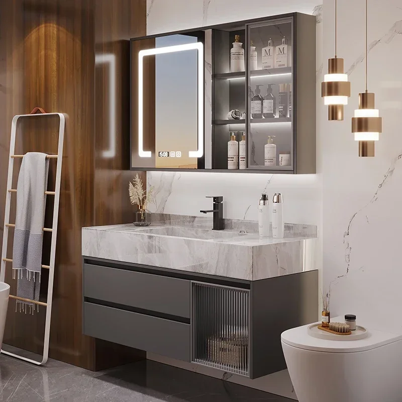 S~Basin Bathroom Cabinet Combination Smart Light Luxury Bathroom Hand Washing Seamless Ceramic Basin Cabinet