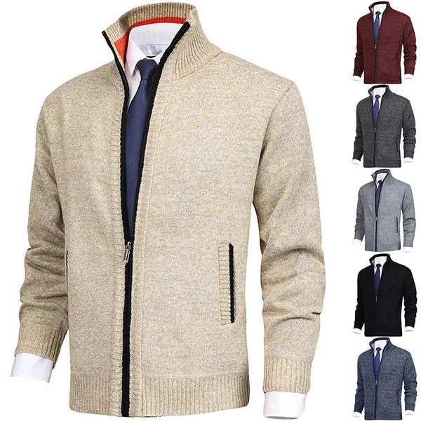 

2023 Men's Solid Fashion Cardigan Sweater Stand Collar Autumn Male Zipper Knitted Coat Long Sleeve Pullover Jackets Large Size