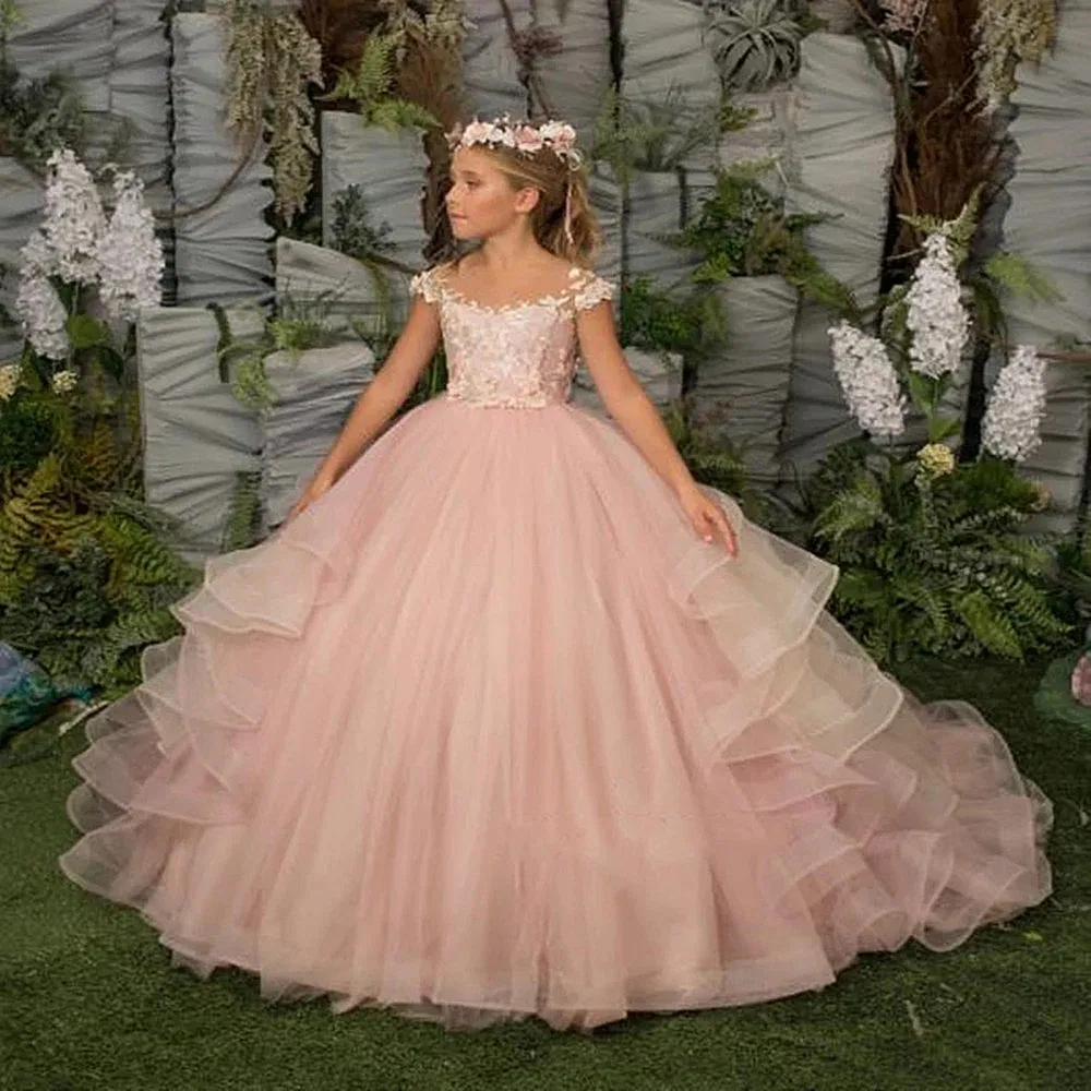 

Tulle Flower Girl Dresses for Weddings Applique Princess Kids Junior Bridesmaid Evening Party First Communion Pageant Ball Gown