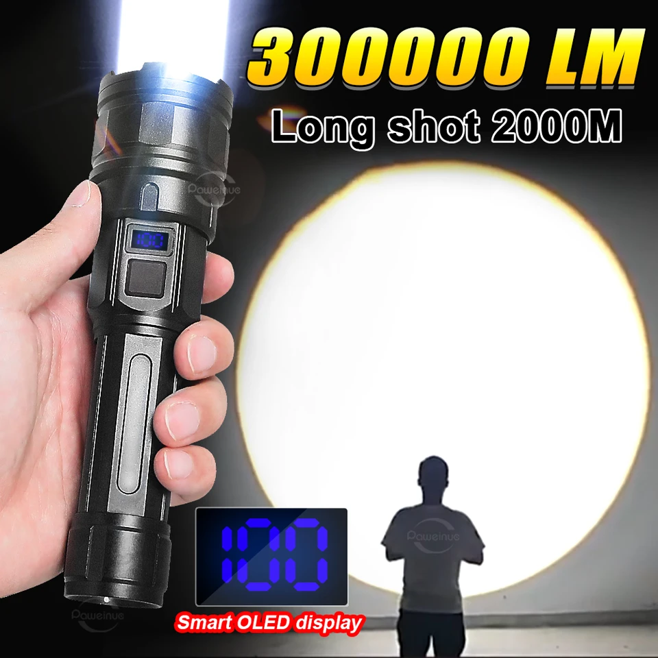 Linterna potente LED de 300000 lúmenes, 300W, luz de Flash táctica  recargable, luz de búsqueda de largo alcance de 2000M, linterna de mano -  AliExpress