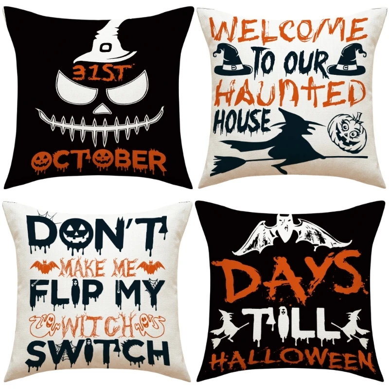 

D0AD Linen Pillow Cover Witch Broom Bat Cushion Cover Decoration Crafts Supplies for Home Bedroom Dormitory Sofa Bed Decor