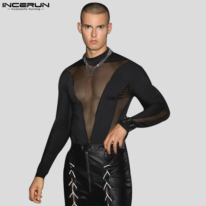 Men Bodysuits Mesh Patchwork Transparent Turtleneck Long Sleeve Rompers Male T Shirt Streetwear Fashion Bodysuit INCERUN