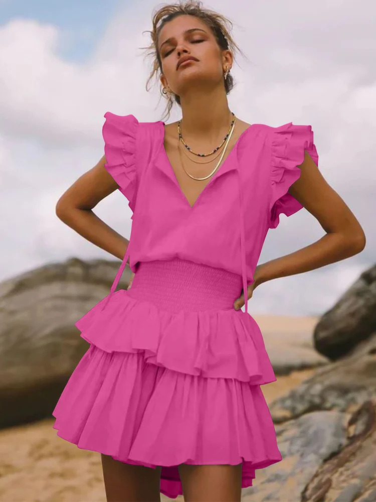 

LZEQuella Sexy V Neck Ruffles High Waist A Line Mini Dress Short Sleeve Pleated Pink Dresses Vacation Holiday Sundresses 2024