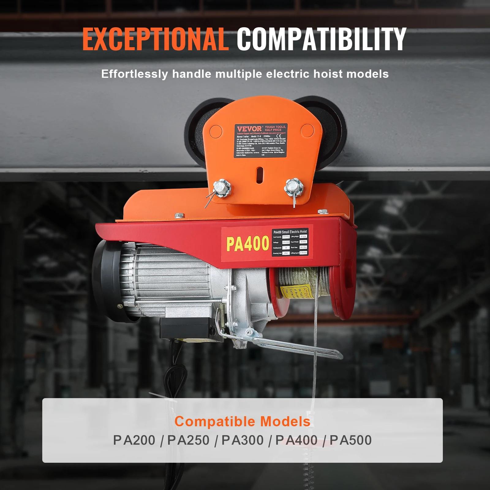 Electric Hoist VEVOR Manual Trolley 0.5/1 Ton Capacity for PA200 PA250 PA300 PA400 PA500 Push Beam Trolley with Dual Wheels electric hoist