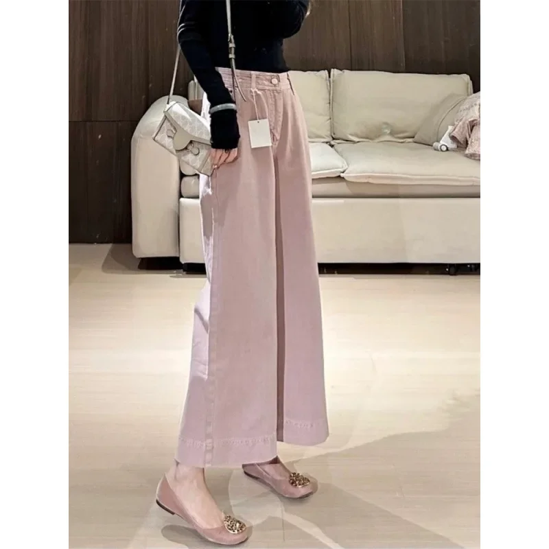 Pink High-Waisted Wide-Leg Jeans New Spring/Autumn Style Women's Straight-Leg Pants Large Size Chinese Traditional Pants