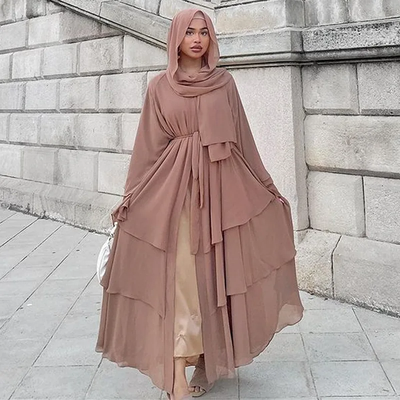 

3 Layered Chiffon Muslim Women Open Abaya Fashion Kimono Maxi Dress Turkey Arab Islam Kaftan Dubai Ramadan Femme Jalabiya Caftan