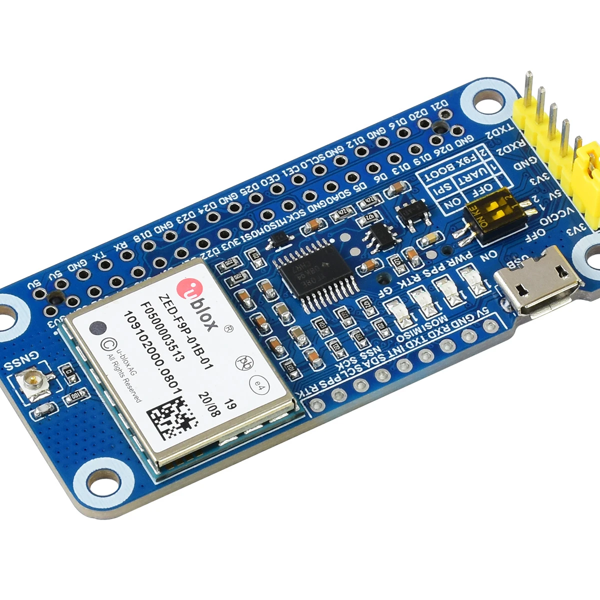 

Waveshare ZED-F9P GPS-RTK HAT for Raspberry Pi, Centimeter Level Accuracy, Multi-Band RTK Differential GPS Module