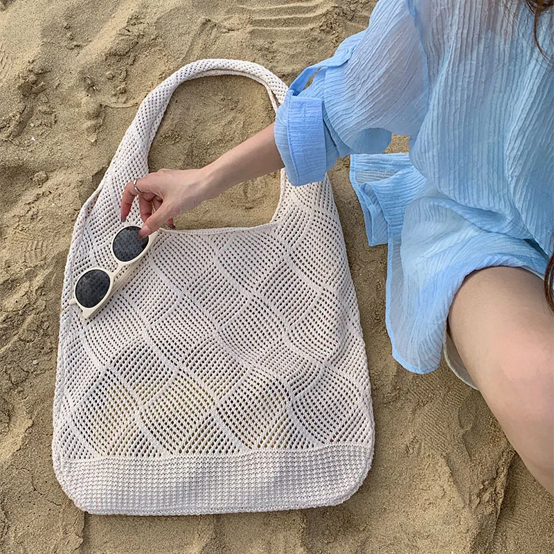 Casual Hollow Knitted Women Shoulder Bags Large Capacity Tote Bag Simple Summer Beach Bag Big Shopper Purses for Vacation 2024