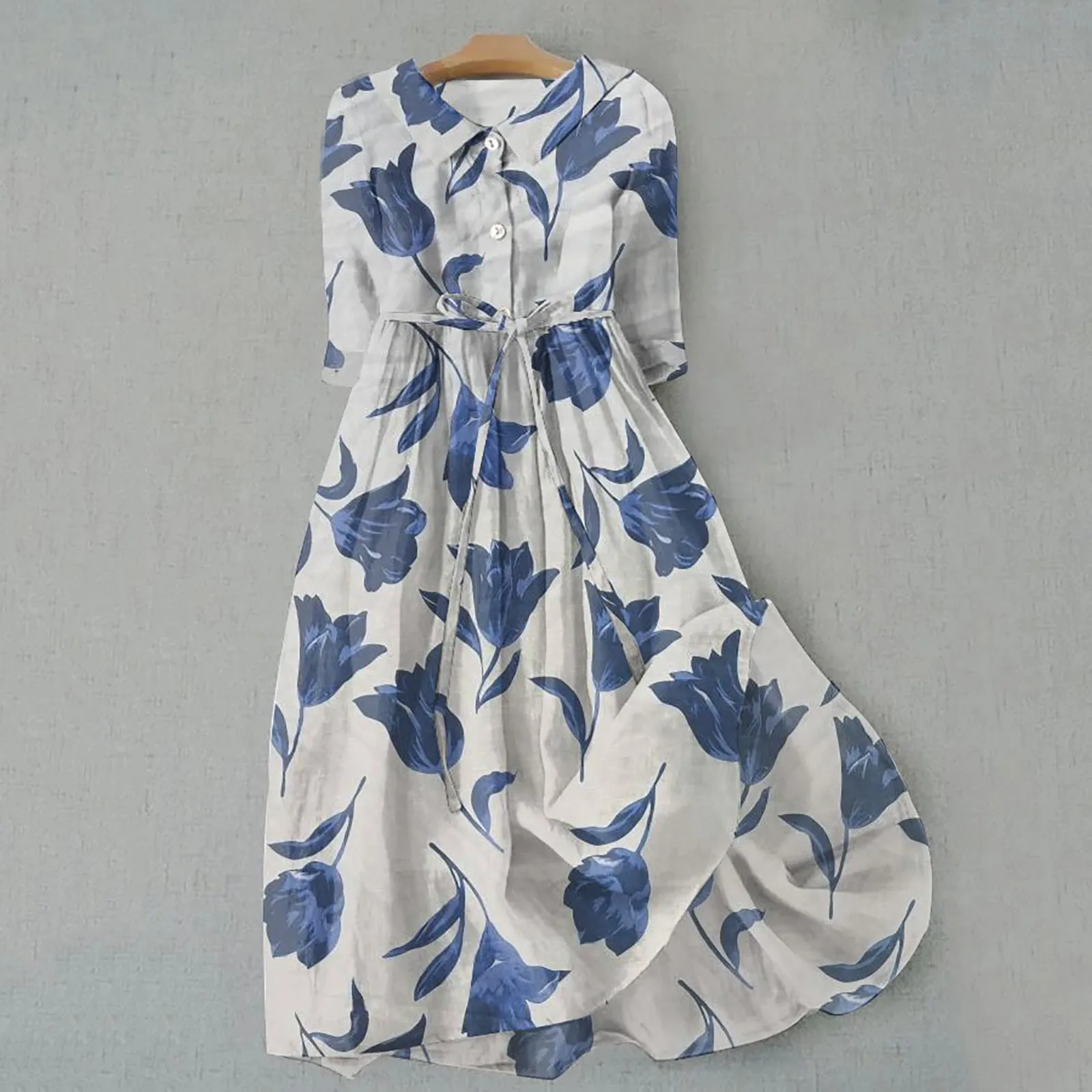 

Women's Spring Dress Floral Print Mid Sleeve Lapel Lapel Tie High Waist A Line Semi Single Breasted Bohemian Dress