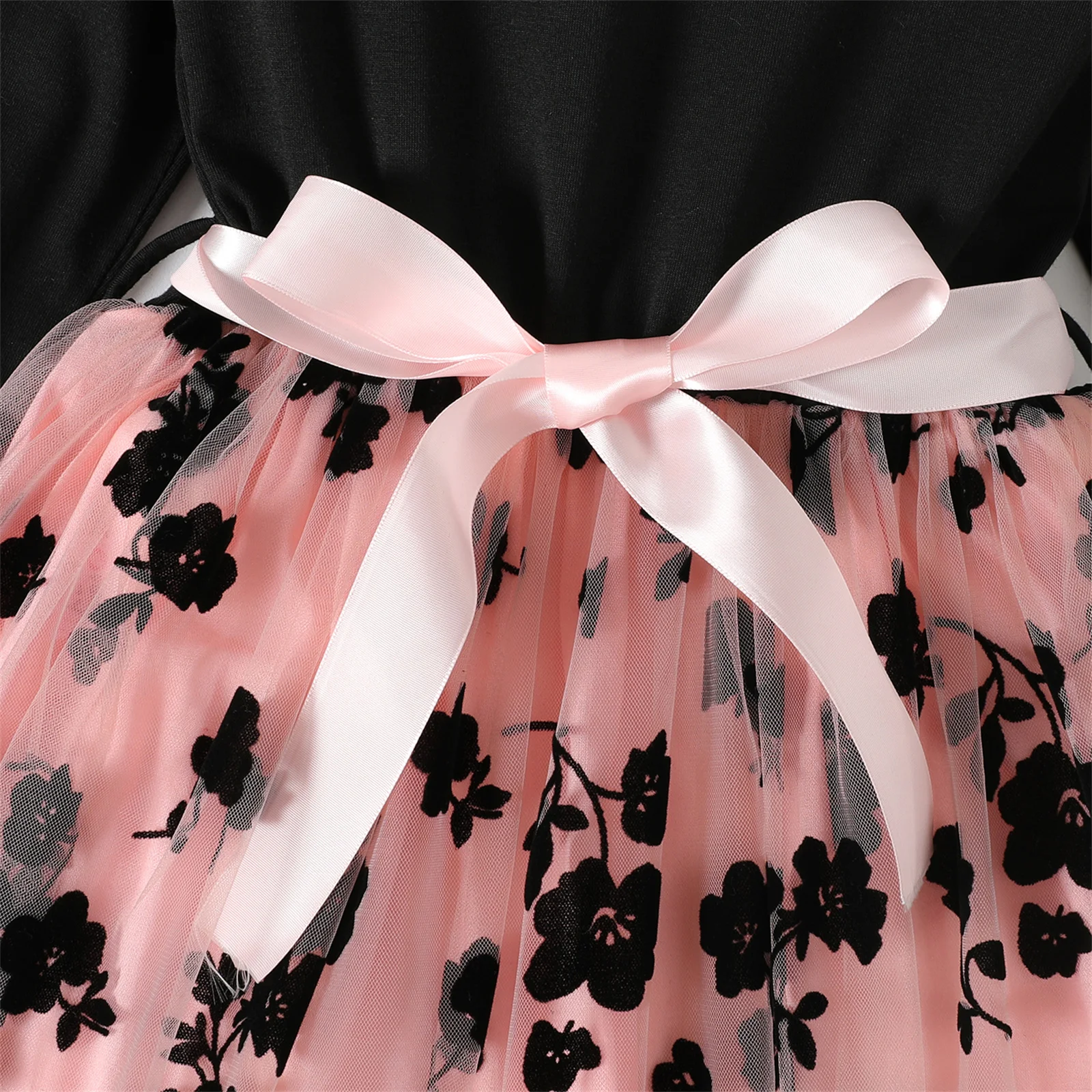 Girls Dress PatPat Kid Girl Dresses Floral Embroidered Belted Mesh Splice Long-sleeve Dress Kids Clothes