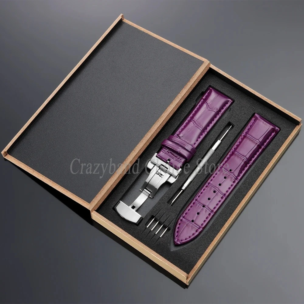 Elegant Leather Watch Strap with Metal Butterfly Clasp and Wooden Box (14mm-22mm)