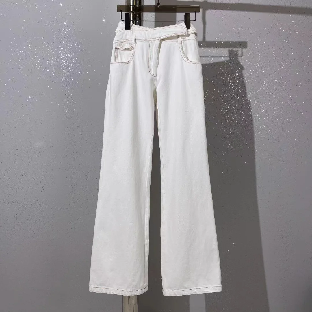 

Fyion Runway Fashion Women Long Jeans Pants 2023 Summer Solid White Ladies Casual Hot Sale Ladies Wide-leg Jeans