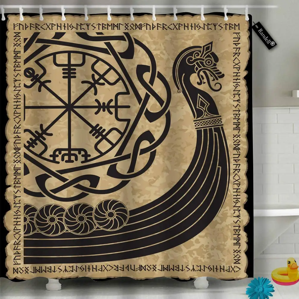Tenda Da Doccia Vichinga Vintage Warship Of The Vikings Drakkar Antiche Rune Scandinave E Nordiche Set Di Decorazioni Per Il Bagno Accessori
