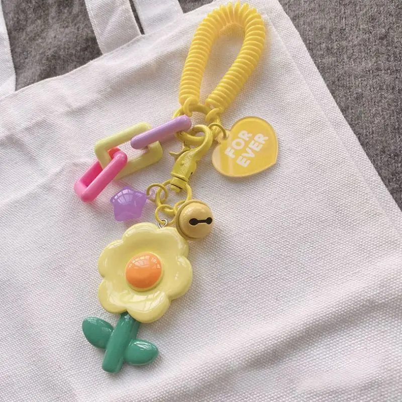 heat transfer handicraft keychains blank diy key chain acrylic diy handmade pendant with heat printing keychain decor Sweet Acrylic Sunflower Keychains With Beaded Chain Candy Color Flowers Cute Keychain Bag Pendant Kawaii Korean Style Keyrings