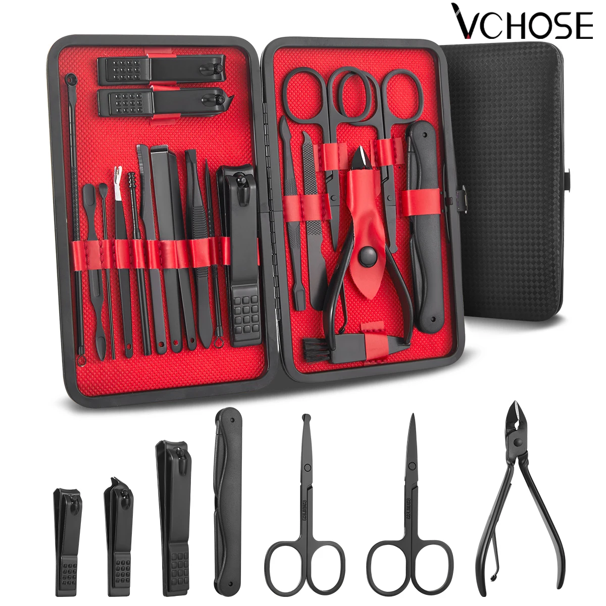 Manicure nail clipper set 7/15/20pcs Stainless Steel Pedicure Scissors Grooming Tool For Beauty with Black Leather Travel Case