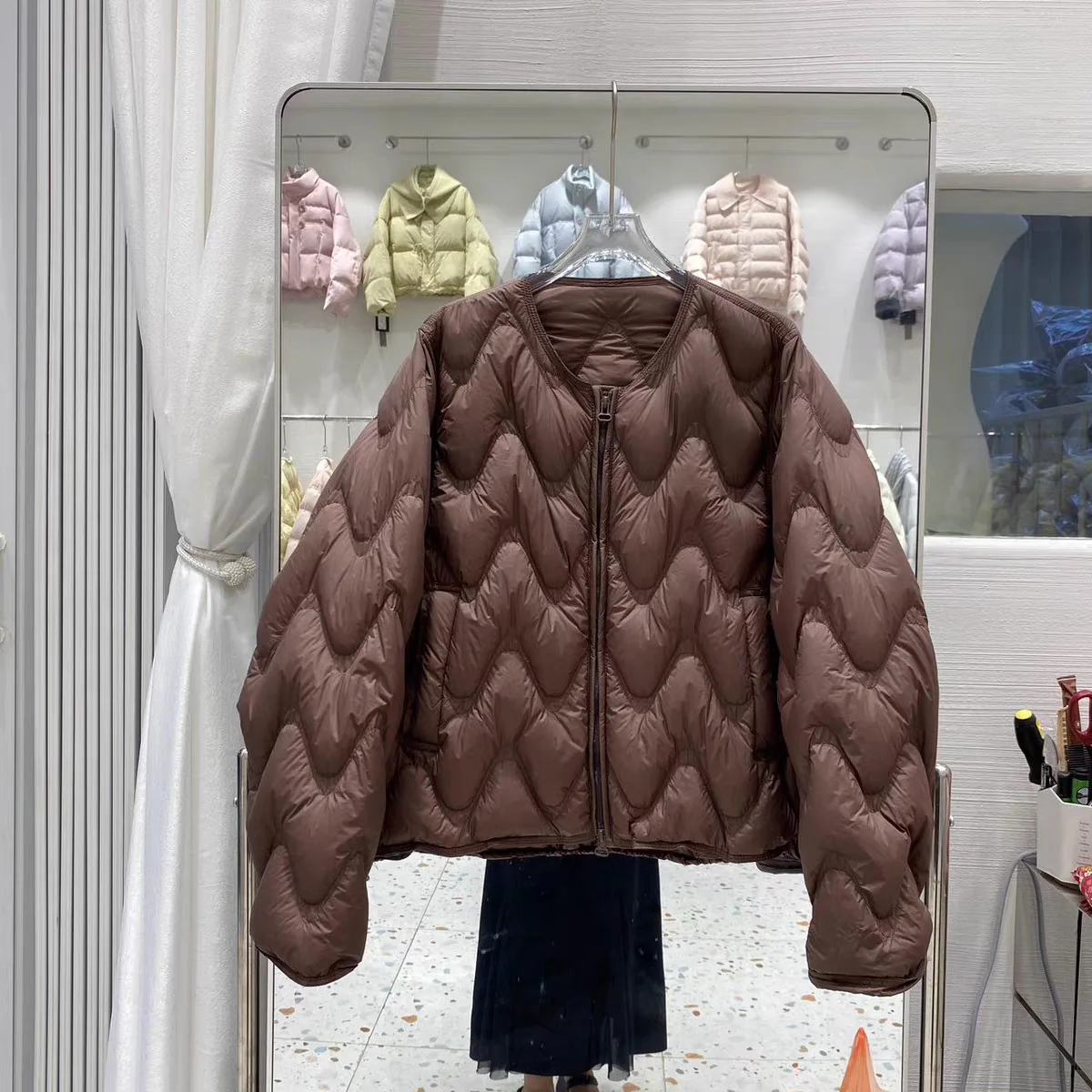 Winter Puff Fluffy Ripple Pattern Down Jacket Women White Duck Down Double Zipper Outwears Female Round Neck Warm Parker Jacket