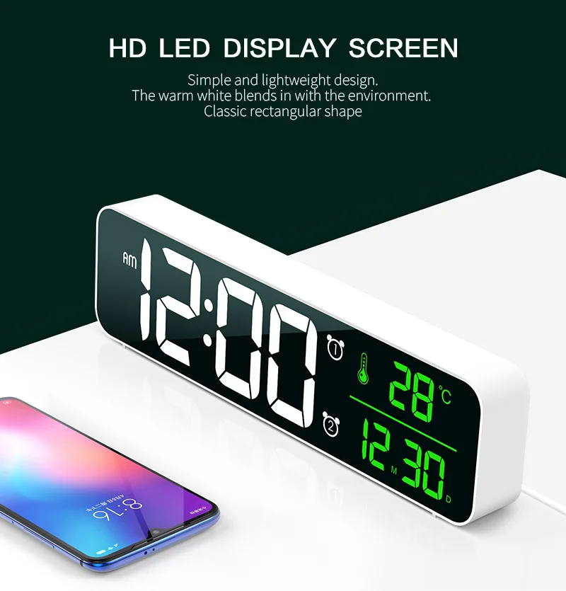 Tanio LED muzyka cyfrowy budzik zegar lusterko biurkowe zegary temperatura