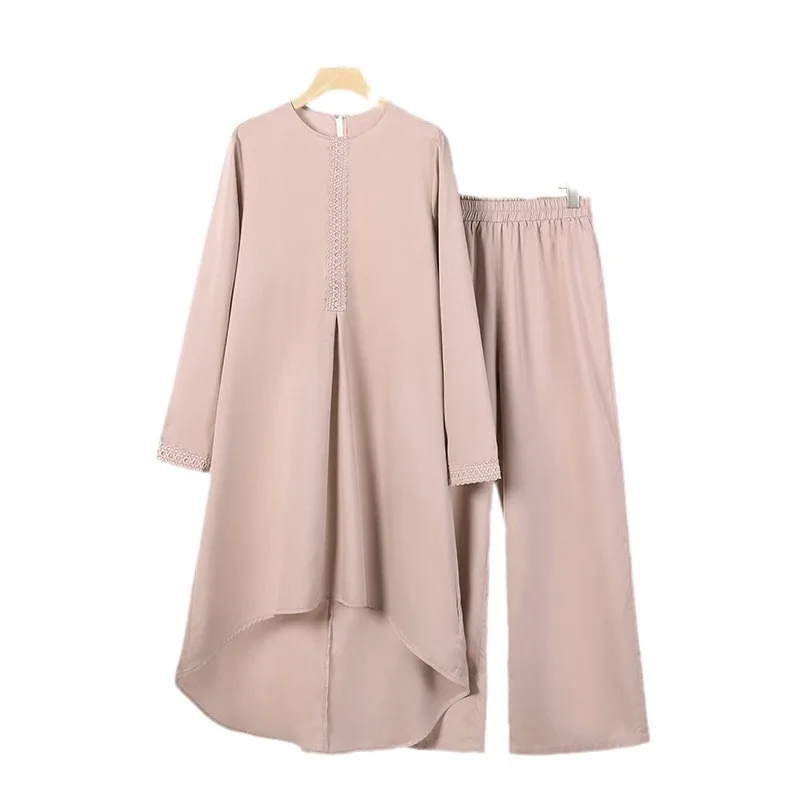 Muslim Fashion Women's Wear Spring and Autumn New Solid Color Long Sleeve Lace Placket round Neck Top and Trousers Suit