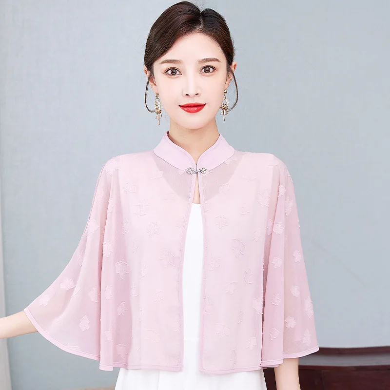 

2023 Spring Summer Chiffon Shawl Sunscreen Women Chinese Retro Fashion Shawl Leisure Capes Poncho Lady Cloaks Pink
