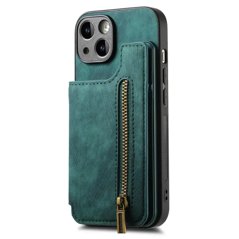 Leather Zipper Card Slot Wallet with Magnetic Closure and Double Buckle Cover