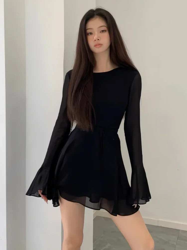 HOUZHOU Backless Black Dress Women Elegant Back Hollow Out Lace-up Long Sleeve Mesh Patchwork  Slim Ruffle Mini Dress Party