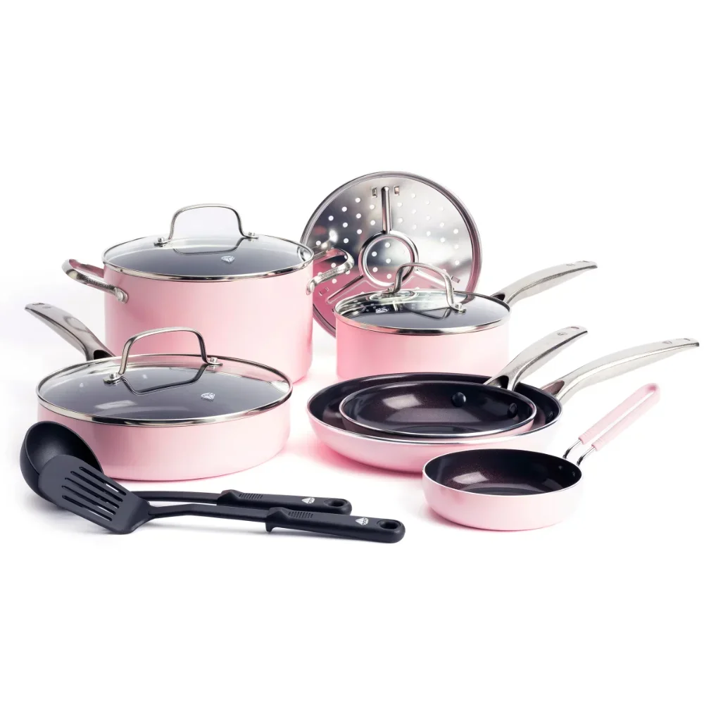 

Andralyn Blue Diamond Toxin-Free Ceramic and Dishwasher Safe 12-Piece Pots and Pans Cookware Set, Pink pot set