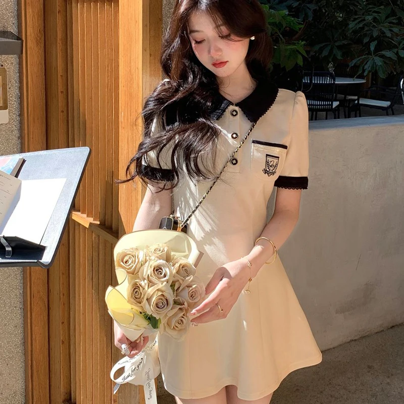 

Polo Women's Dress With Collar One Pieces Korea Summer Sweet Short Sleeve Mini Skirt Kpop Elegant Sundress Y2K Aesthetic Skirts