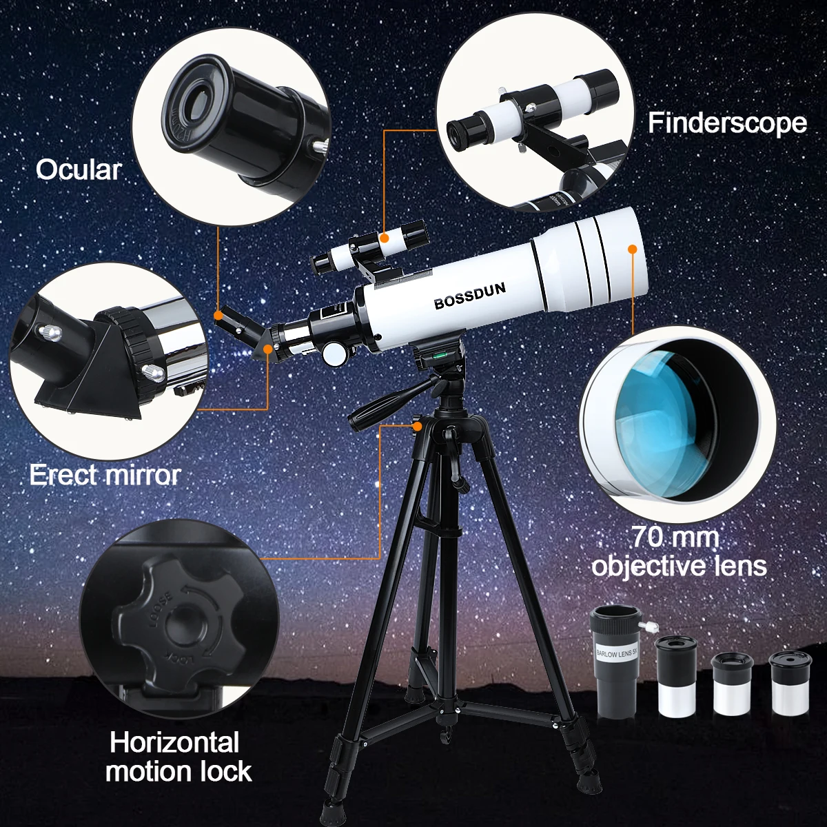 BOSSDUN 40070 Telescope w/Phone Adapter & Sturdy Tripod - 70mm Aperture for Stargazing, Birding, Beginners, Portable Scope 6