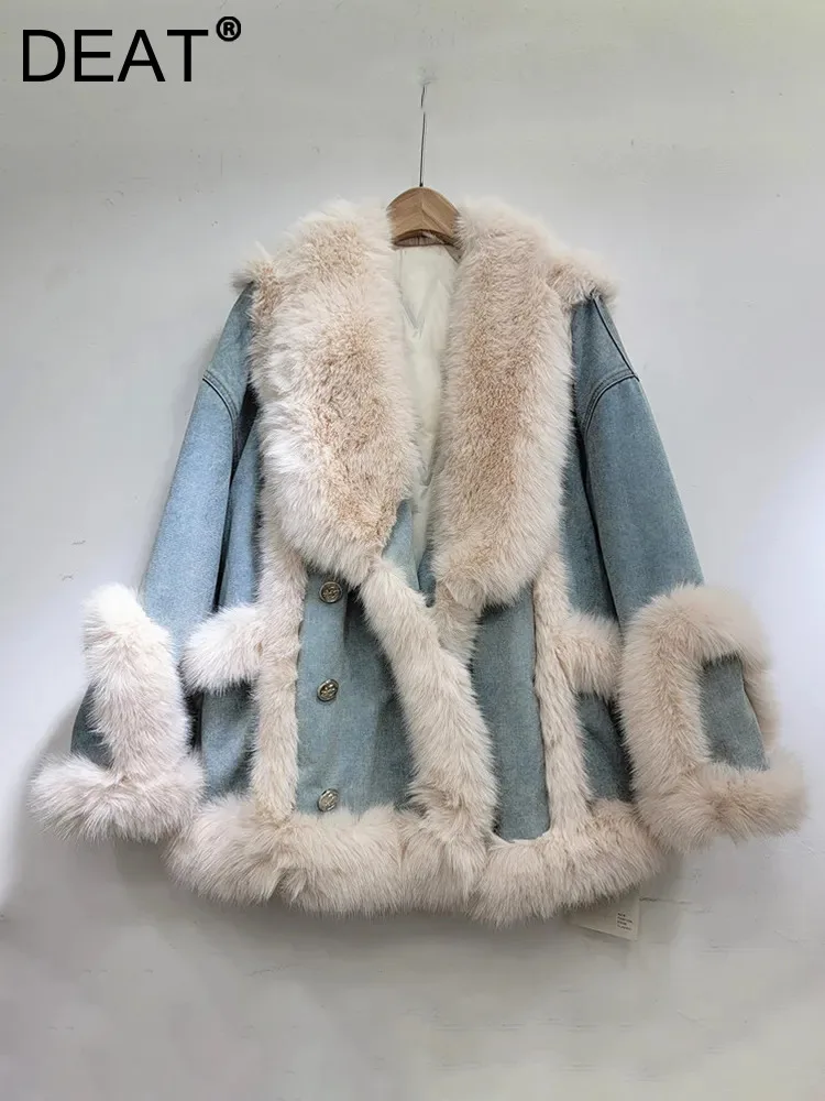 

DEAT Women's Denim Coat Patchwork Imitation Fox Fur Thick Long Sleeve Cotton-padded Jackets 2024 Spring New Fashion 29L4041