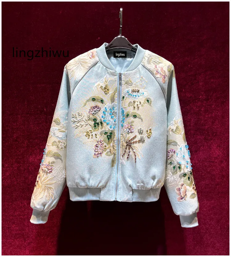 

lingzhiwu Jacquard Jacket Handmade Beading Top Quality All Match Coat Chinese Style Outerwear Female 2024 Elegant New Arrive