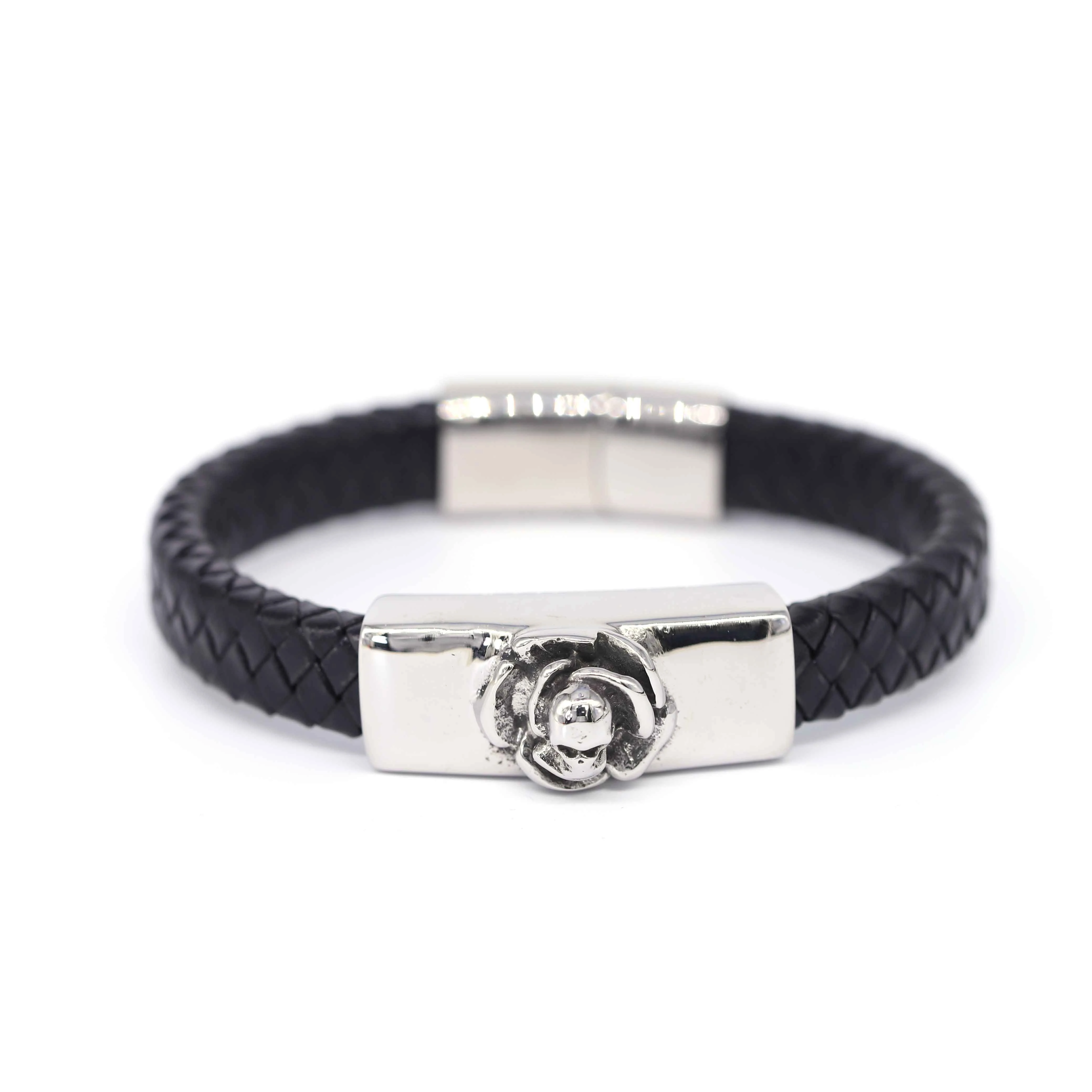 

WDM Wholesale Fashion Jewelry Bracelets 12mm Braided Rose Vintage Leather Viking Stainless Steel Bracelet Punk Bracelet Men