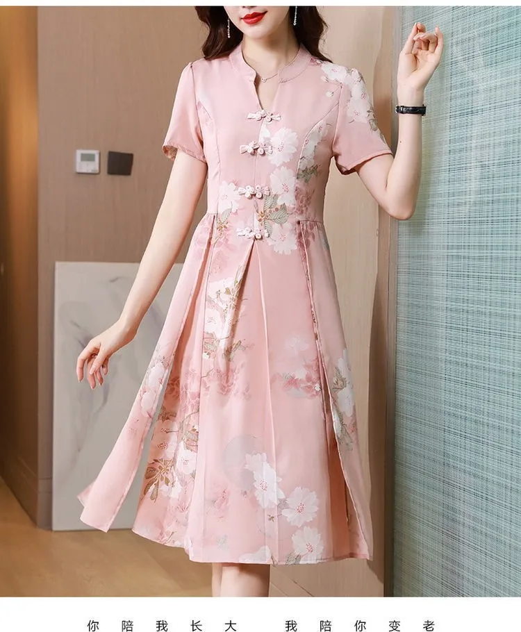 2023 pink Print Silk Satin Short Sleeve Midi Dress Women Vintage Asian-style cheongsam Vestidos Summer Elegant Dress 4