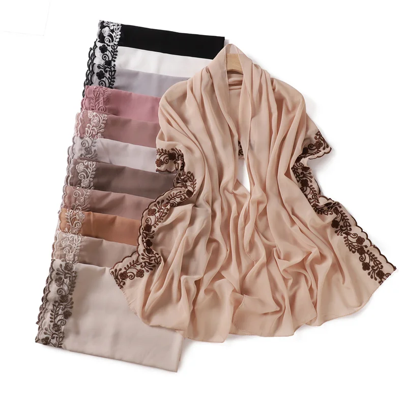 Plain Sticken Floral Blase Chiffon Hijab Ramadan Spitze Stich Schals Frauen Sonnencreme Kopftuch Outdoor Winddicht Kopf Wrap – Detail 4