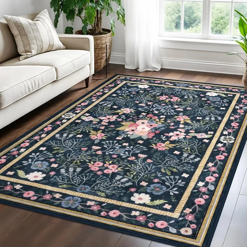 Black Vintage Living Room Carpet Large Area Plant Floral Print Bedroom Rug Machine Washable Non-slip Soft Coffee Table Mat Tapis