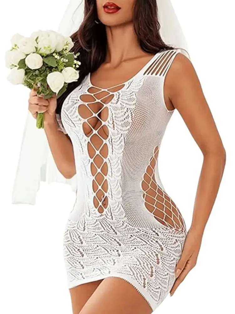 Weiße Mädchen-Abschlussballkleider, Minirock, Geburtstagsparty, Hollow-Out-Schnür-Lingerie, Strandkleider, Hochzeitsnachthemd