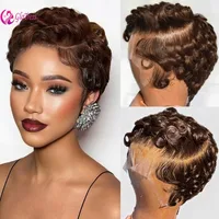 Perruque Lace Front Wig naturelle Remy, cheveux courts et bouclés, coupe Pixie, 13x4, pour femmes, chocolat 4 #   Perruques sans colle en couches ondulées avec Bang 1