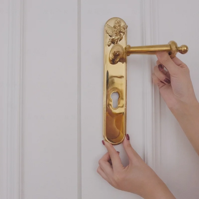 Little Angel Door Lock Brass Gold Plated Exterior Retro Style Entrance Full Copper Silent Bedroom 8