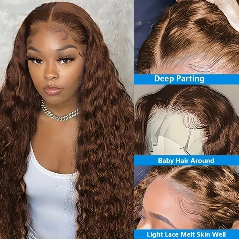Deep Curly Wigs Human Hair Chocolate Brown 13x4 13x6 Hd Lace Frontal Wig Colored Water Wave Lace Front Wig for Women 30 36 Inch