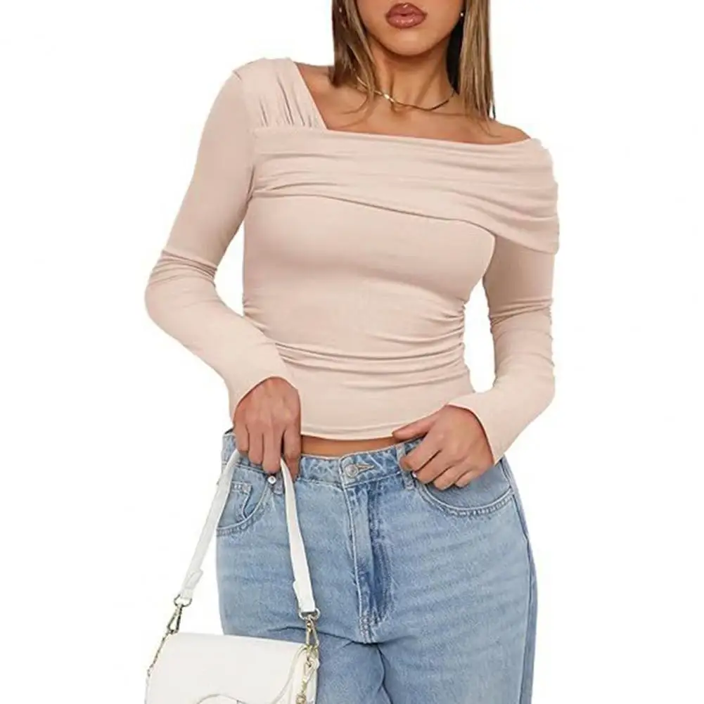 

Женская рубашка, укороченный топ с открытыми плечами, топ с рюшами и длинным рукавом, Классические приталенные элегантные топы, рубашка, женская блуза