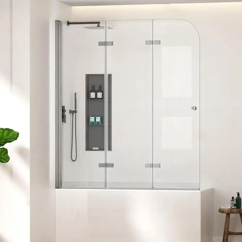 51" Tri-Fold Bathtub Shower Door Tempered Glass Framedless Design Waterproof Seal Installation Ease 2