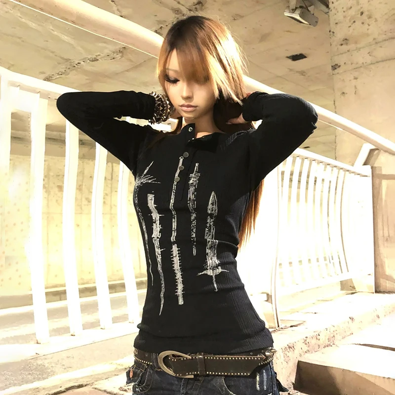 Karrcat Grunge Aesthetics Tattoo Print Knitted Tops Trashy Y2k Long Sleeve Knit T-shirt Vintage Gothic Button Top American Retro 2