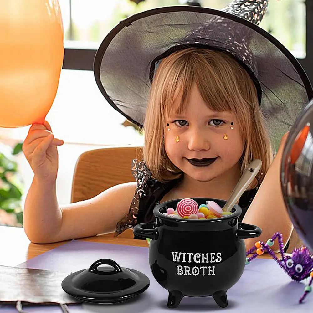Halloween Witch Cauldron Ceramic Soup Bowl with Spoon, 650 ml