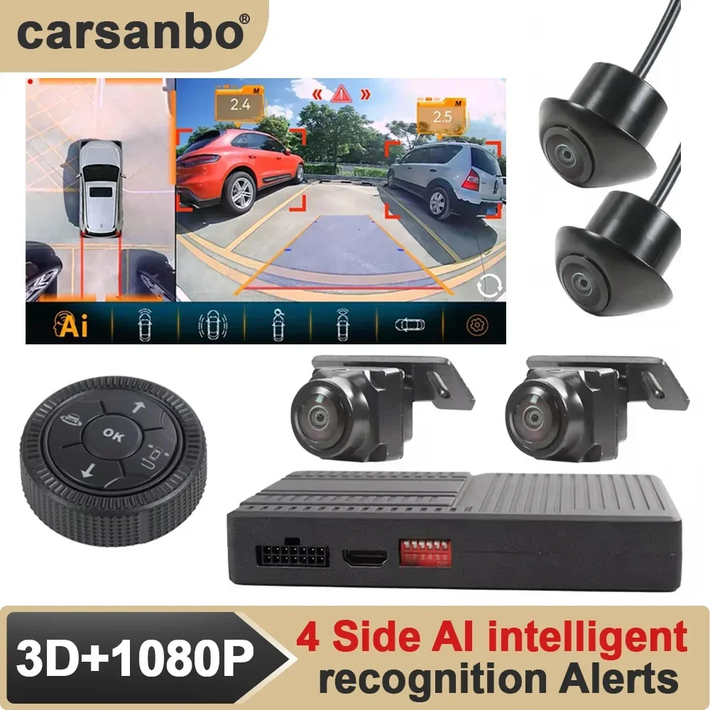 360 degree panoramic view HD 1080P AI Intelligent Object Recognition Reminder 3D Bird Eye View Car Camera System Carsanbo