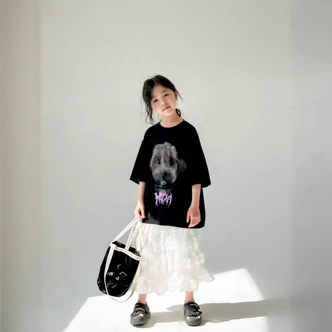 

2024 Summer Children Girl 2PCS Clothes Set School Girl Dog Printed Loose Tee+White Textured Skirt Sets Girls From 4-12 Years Old